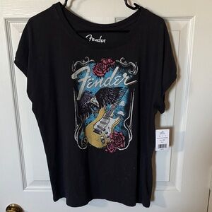 Fender Women's Black Tee with Guitar and Rose Design